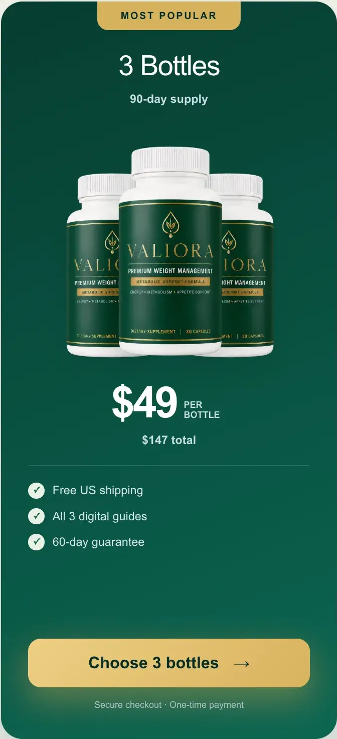 Valiora 3 bottle most popular package — 90-day supply with free US shipping and 3 bonus guides