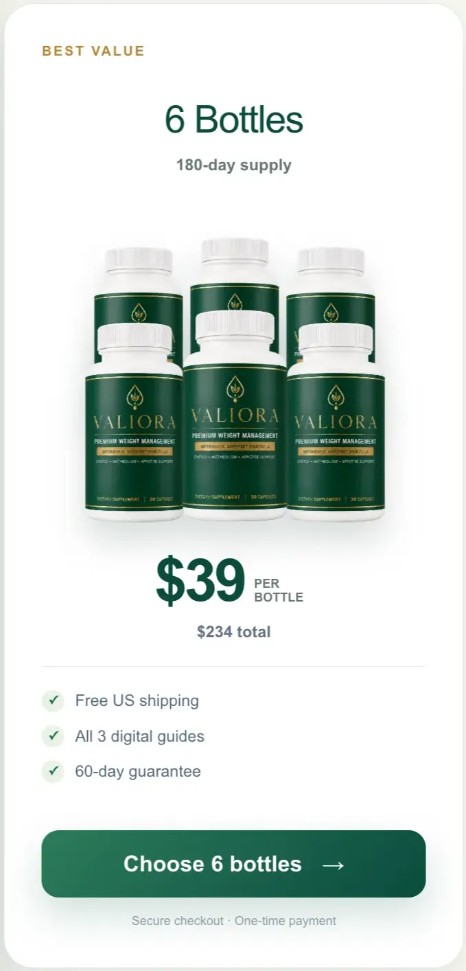Valiora 6 bottle best value package — 180-day supply with free US shipping and 3 bonus guides